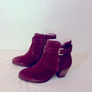 New Diba Suede Sleek Bootie with Gold Buckle Detail Burgundy